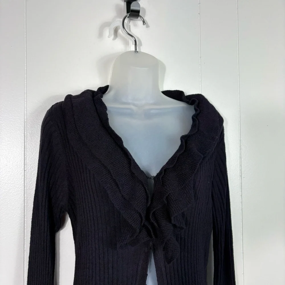 MyLife Vintage Y2K Dark Purple Ribbed Whimsigoth Goth Ruffle Neck Cardigan M - Picture 3 of 7